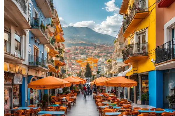 Mesas ao ar livre em frente a restaurantes em Tirana, com pessoas caminhando pela rua