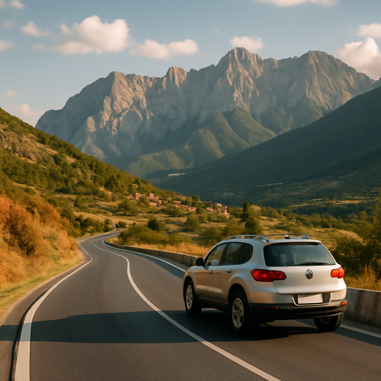 Carro na estrada em meio à paisagem albanesa — representação visual para artigo sobre carros na Albânia.