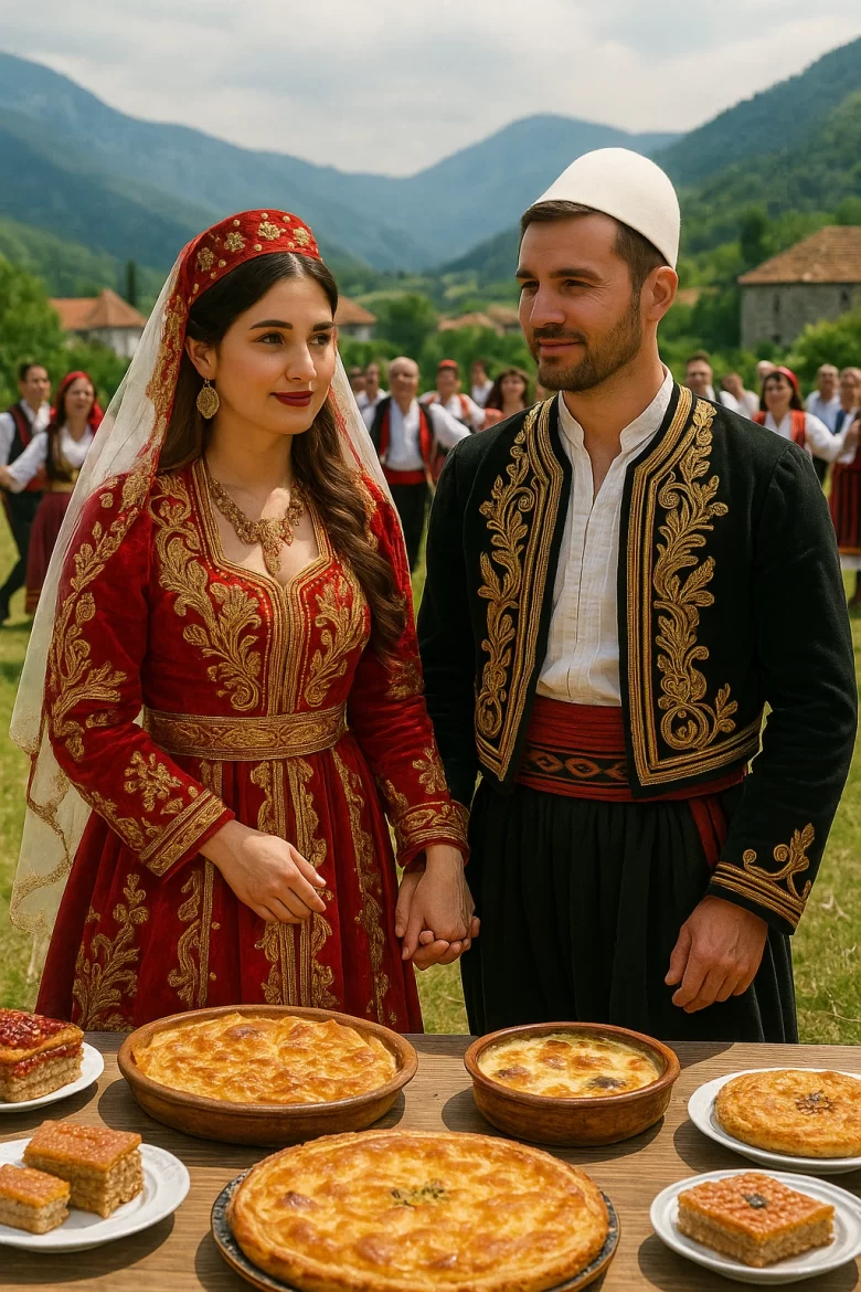 Casal albanês recém-casado vestindo trajes tradicionais, sorrindo em uma celebração típica de casamento na Albânia.