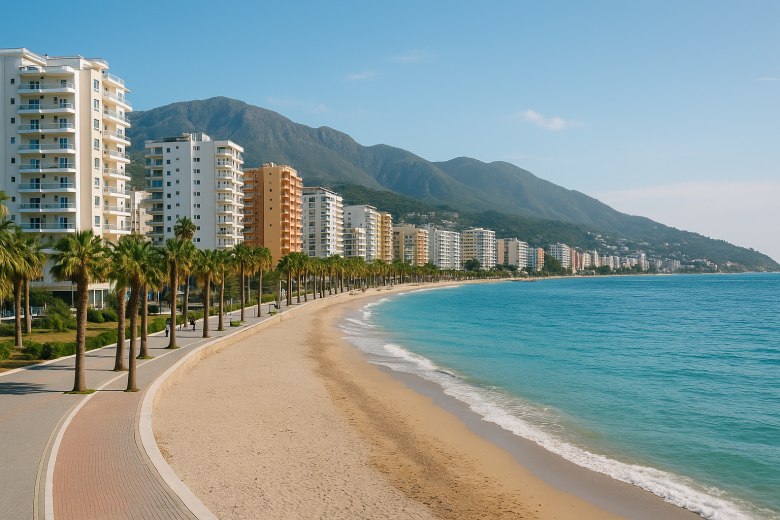 Expats na Albânia: paisagem costeira com edifícios residenciais e o mar azul ao fundo, refletindo o estilo de vida nas cidades litorâneas albanesas.