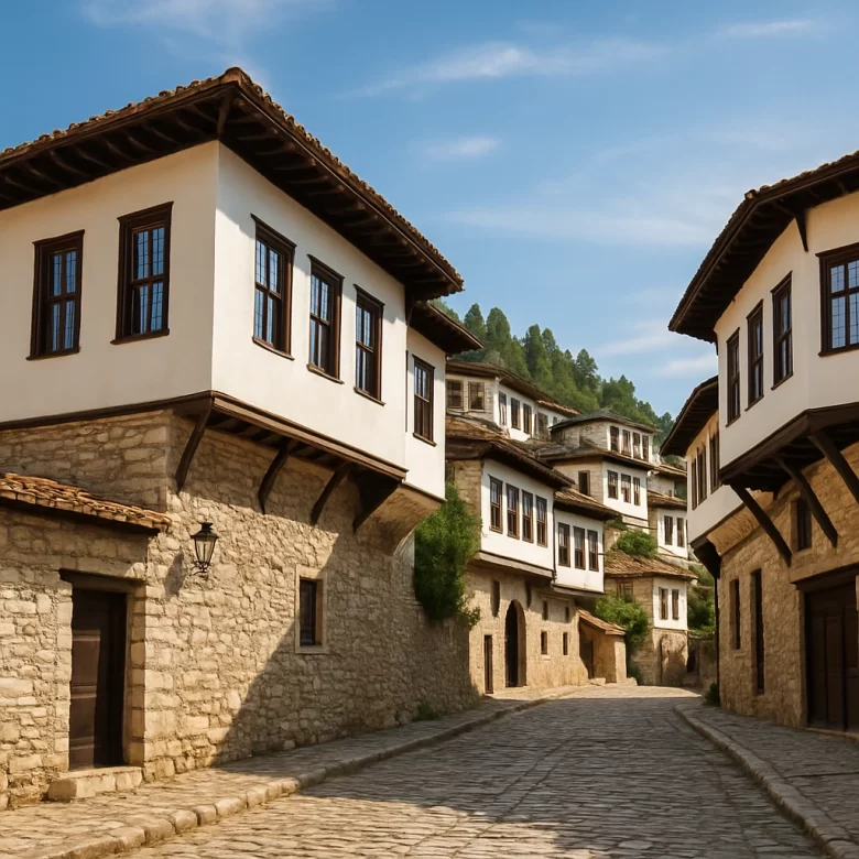 Rua de paralelepípedos cercada por casas albanesas tradicionais com paredes de pedra e janelas de madeira, sob um céu azul claro.