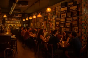 Bar com decoração vintage em Tirana, iluminado com luzes quentes, representando a vida noturna vibrante da capital albanesa.