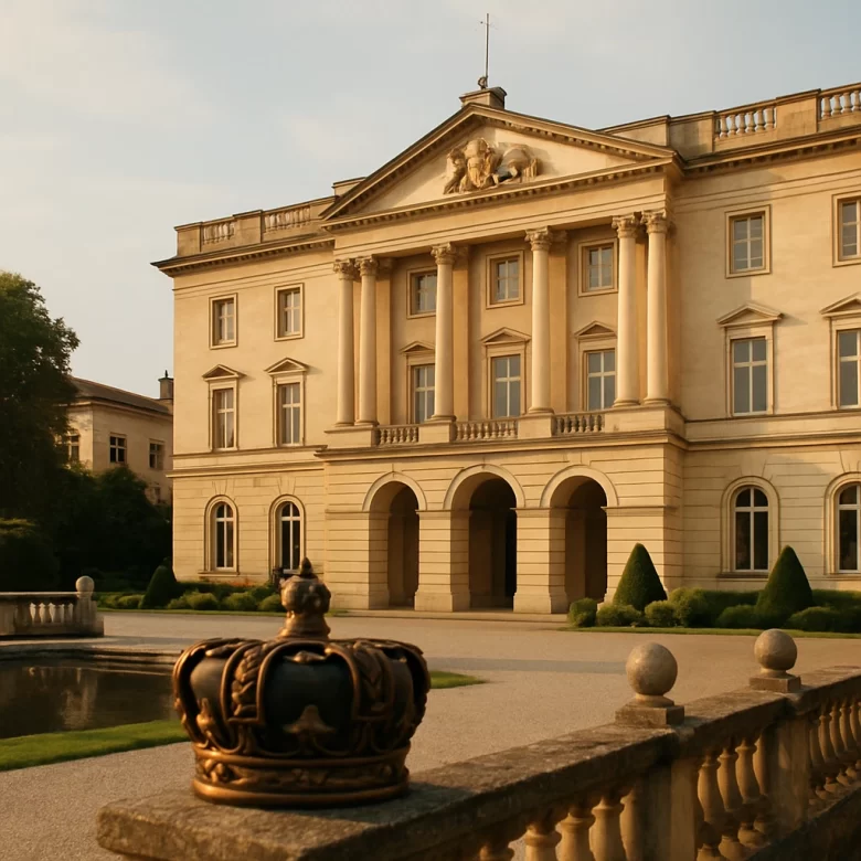 Palácio europeu ao entardecer com coroa da família real em destaque na frente da construção histórica.