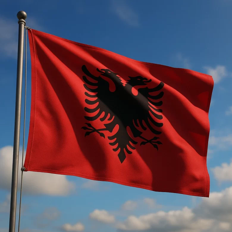 Bandeira albanesa vermelha com águia negra de duas cabeças tremulando ao vento sob um céu azul com nuvens claras.