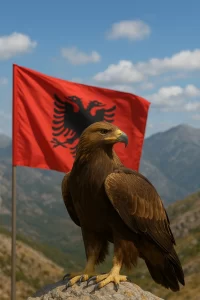 Águia dourada representando as Águias na Albânia, pousada sobre uma rocha diante das montanhas e da bandeira albanesa, simbolizando a força, a liberdade e o orgulho nacional.
