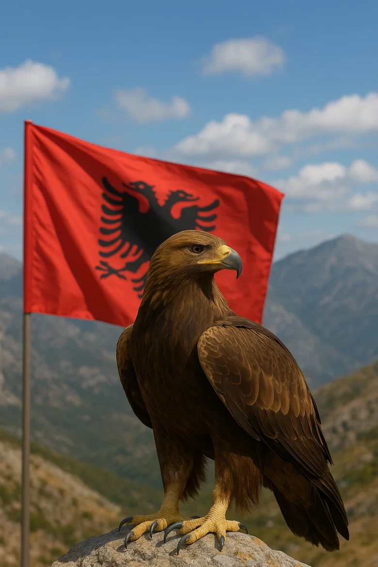 Águia dourada representando as Águias na Albânia, pousada sobre uma rocha diante das montanhas e da bandeira albanesa, simbolizando a força, a liberdade e o orgulho nacional.