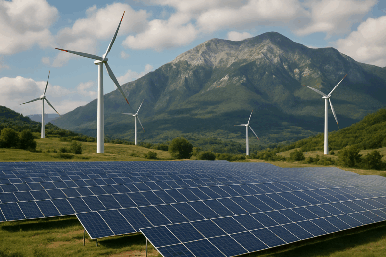 Turbinas eólicas em uma área verde da Albânia, representando energia renovável em ação.