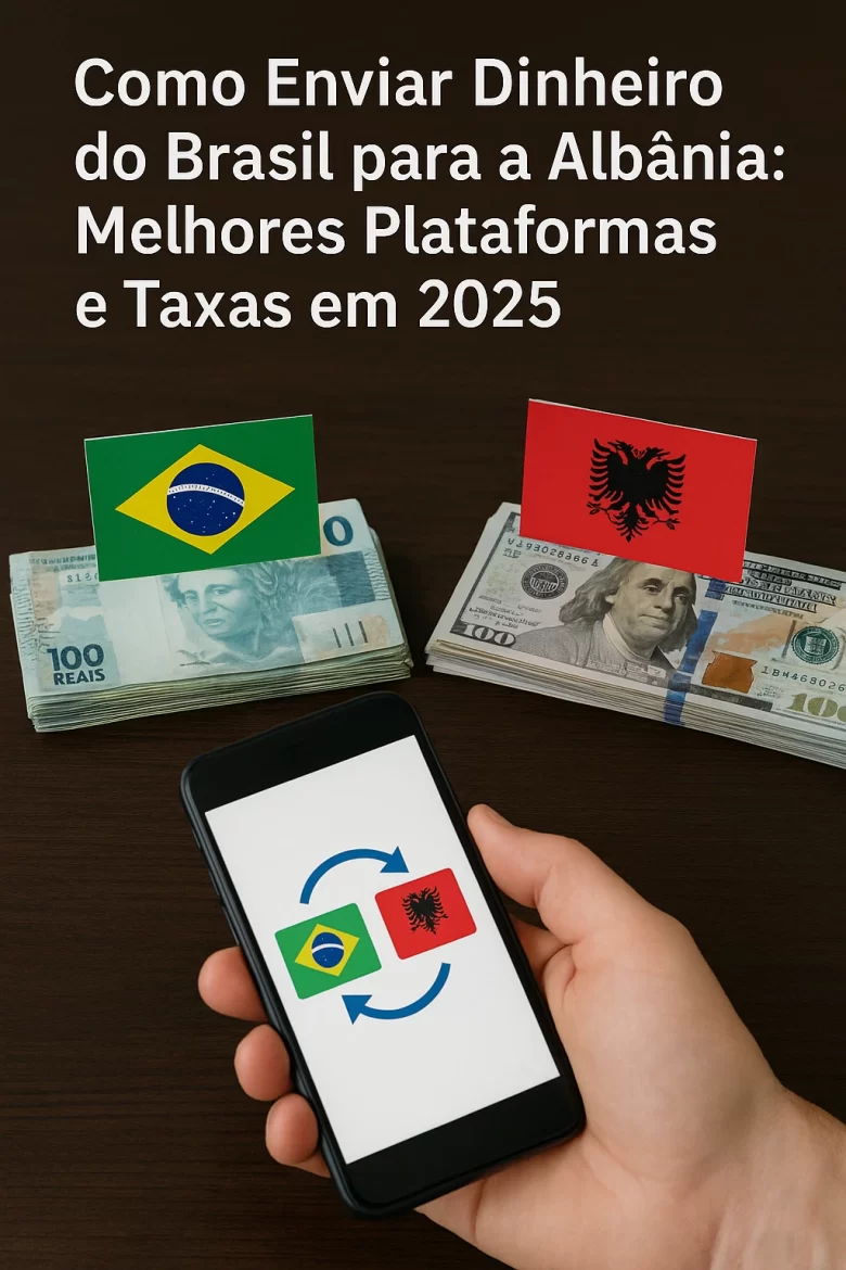Pessoa segurando um celular mostrando aplicativo de transferência de dinheiro com bandeiras do Brasil e Albânia ao fundo.