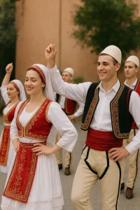 Danças típicas da Albânia apresentadas por artistas em trajes folclóricos tradicionais durante um evento cultural.