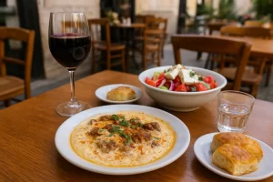 Mesa posta em um dos elegantes restaurantes em Tirana, com pratos tradicionais albaneses prontos para serem servidos em um ambiente acolhedor.