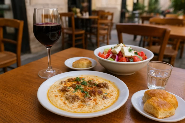 Mesa posta em um dos elegantes restaurantes em Tirana, com pratos tradicionais albaneses prontos para serem servidos em um ambiente acolhedor.