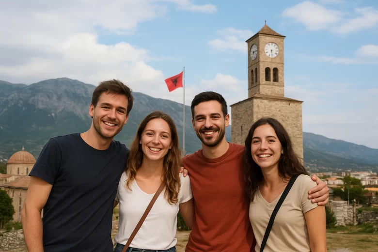 Grupo de amigos sorrindo e aproveitando momentos juntos em uma paisagem deslumbrante da Albânia.