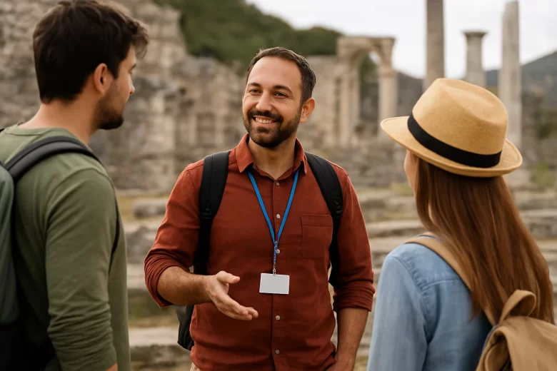 Imagem de um dos guias locais conversando com os turistas.