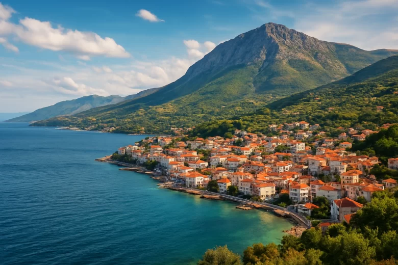 Paisagem típica da Albânia com montanhas e vilarejos, representando a experiência de viagem para iniciantes.