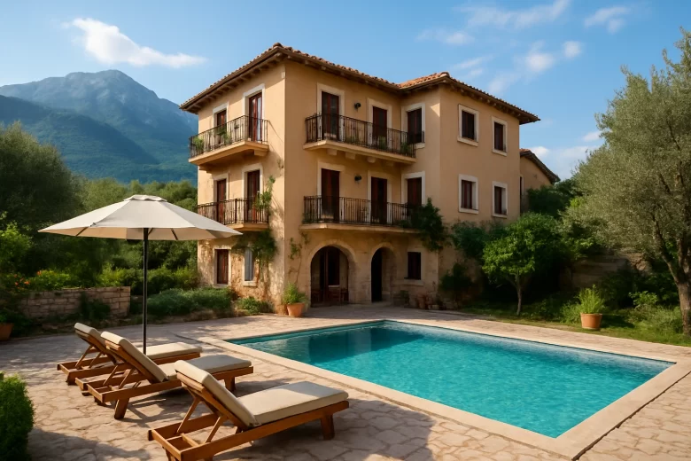 Imagem realista de acomodações confortáveis na Albânia, mostrando um ambiente acolhedor e bem decorado, ideal para hóspedes que buscam conforto e tranquilidade.