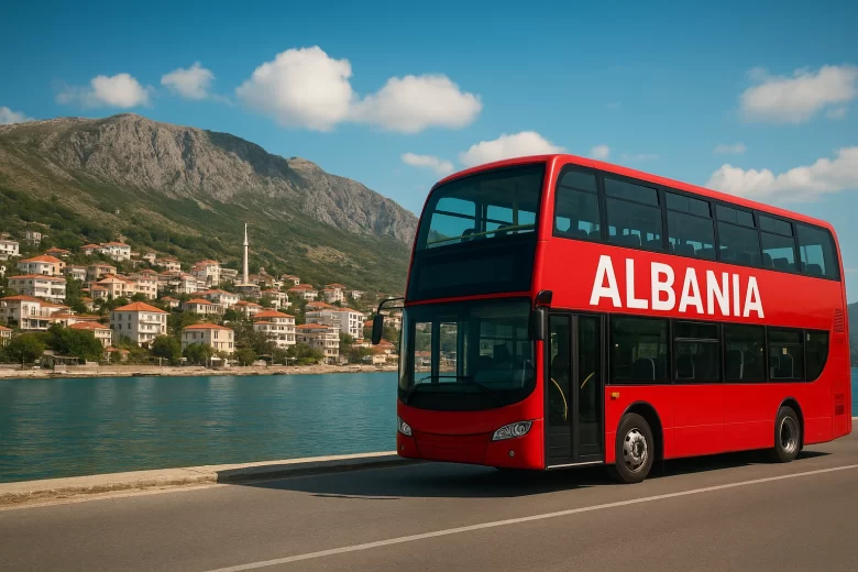 Ônibus percorrendo uma estrada cercada por paisagens albanesas, representando o transporte na Albânia de forma prática e segura.