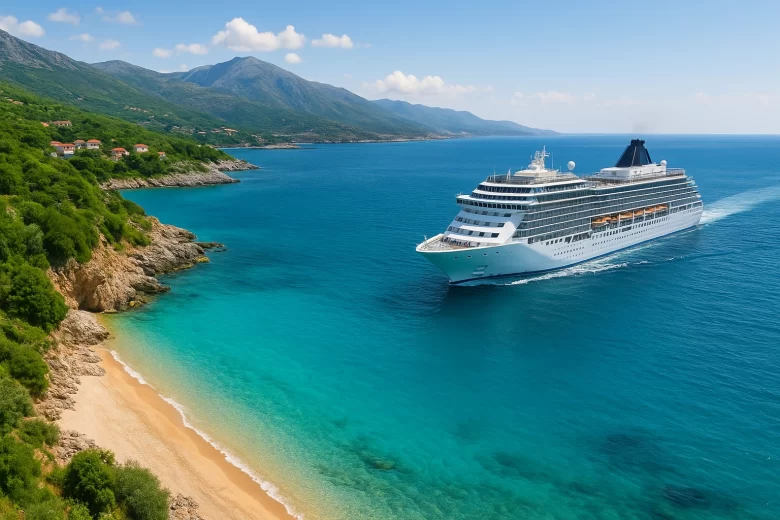 Vista panorâmica de um cruzeiro pela costa da Albânia, com águas cristalinas, praias tranquilas e montanhas ao fundo, mostrando a beleza natural do litoral albanês.
