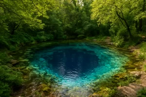 Vista do lago Syri i Kalter, conhecido como Olho Azul, na Albânia, mostrando águas cristalinas em tons de azul intenso cercadas por vegetação verdejante, refletindo o céu e transmitindo uma sensação de tranquilidade e mistério.