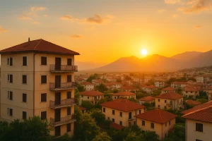 Vista panorâmica de uma cidade albanesa ao pôr do sol, com casas e edifícios de telhados vermelhos — ideal para quem deseja investir em imóveis na Albânia.