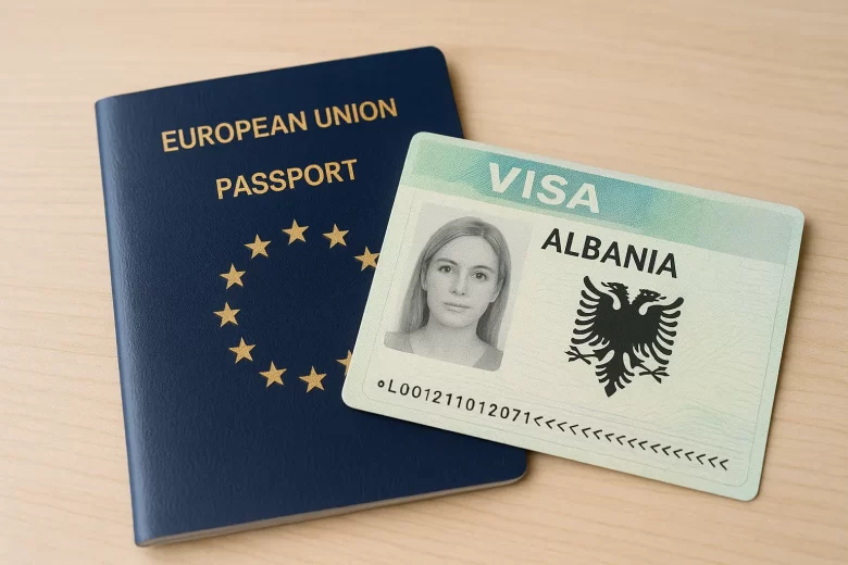 "Passaporte e documento de viagem representando visas para a Albânia em mesa de madeira clara."